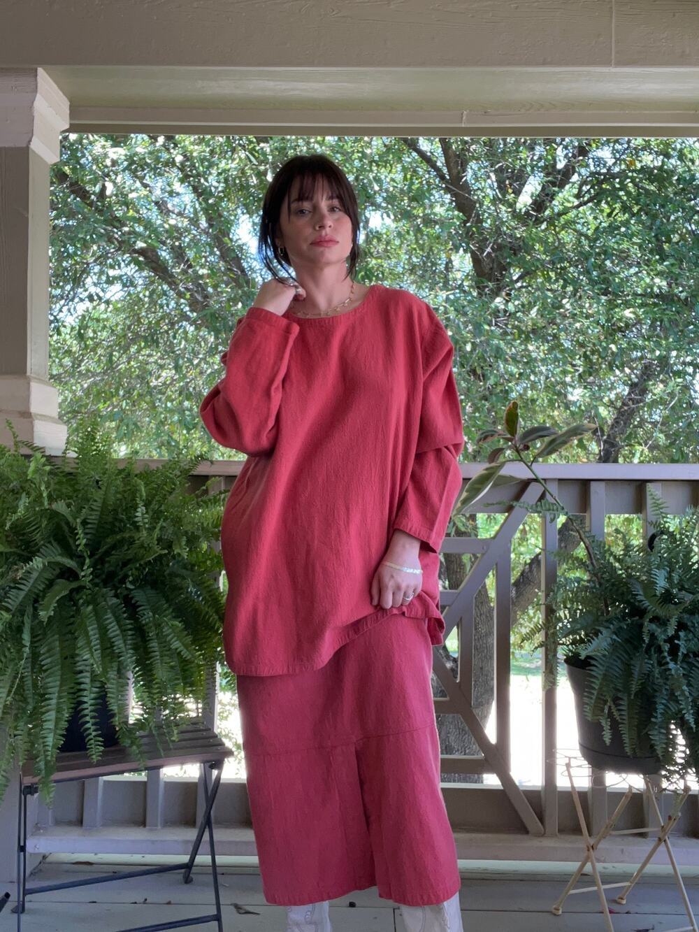 CMC Color Me Cotton Red Textured Loose Midi Skirt Top Tunic Set M